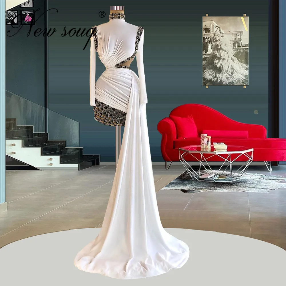 

Plus Size White Evening Dresses With Handmade Beads Dubai Muslim Evening Prom Dress 2022 Robe Femme High Low Wedding Party Gowns