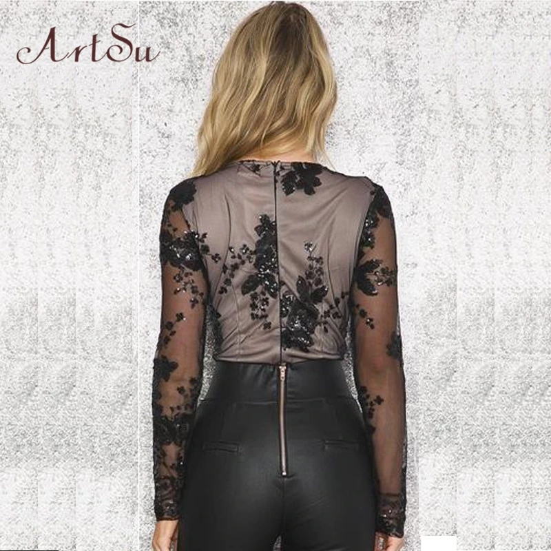 Боди с длинным рукавом Artsu Осенний сетчатый прозрачный комбинезон золотыми