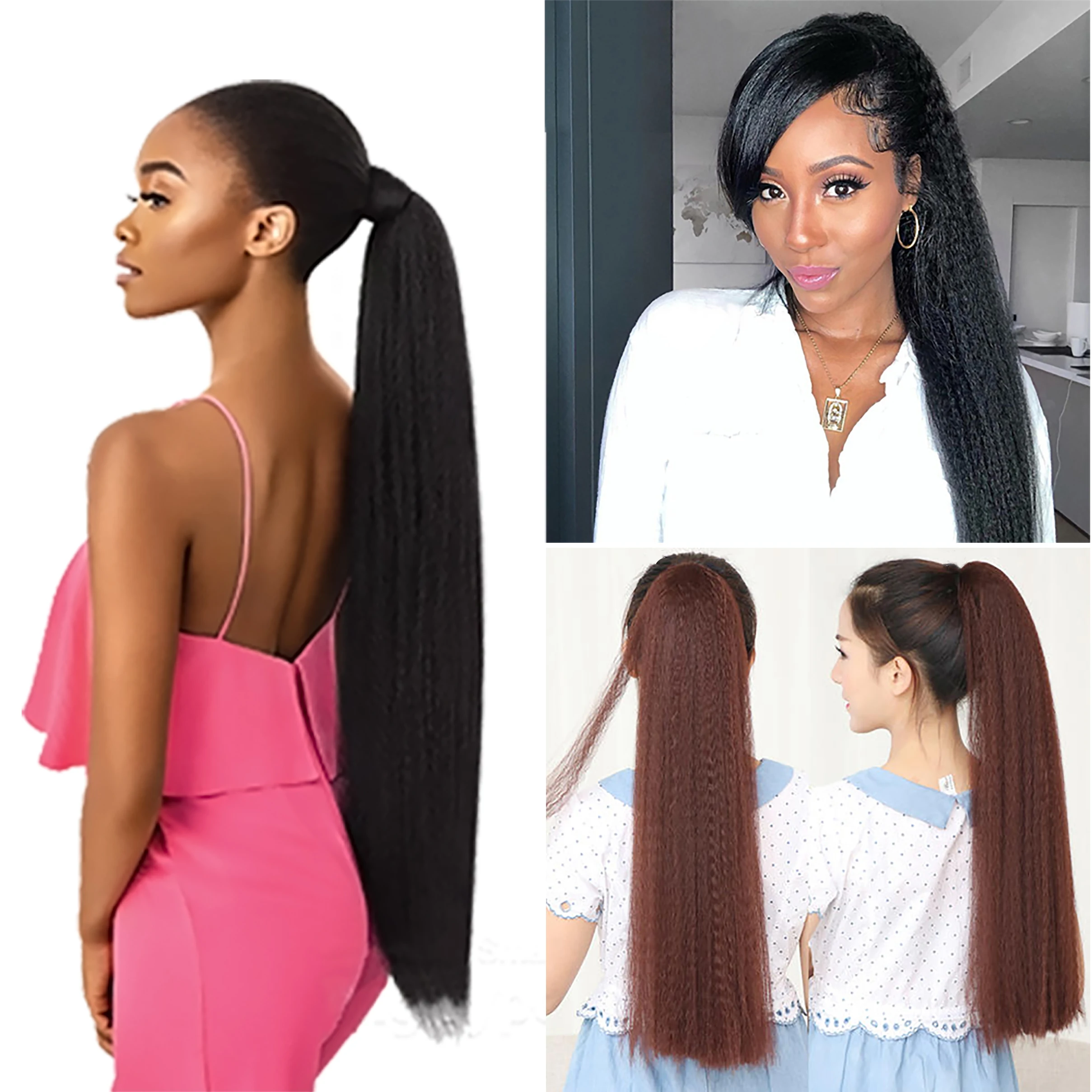

LVHAN Extension Clip Synthetic Afro Kinky 22 Inch Drawstring Ponytail Hair Straight Ponytail Hairpieces With Elastic Band Comb