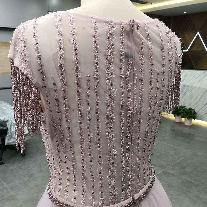 

Elegant Evening Dresses with Tassel Illusion Back Short Sleeves Party Prom Gowns Mermaid Style with Overskirt Tulle Pageant