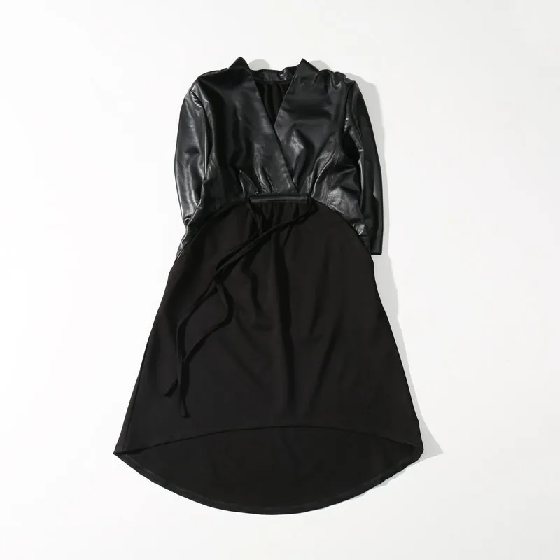 2020 Spring Women Genuine Leather Dress Black Long Sleeve Elegant High Waist Vintage Real Sheepskin Ladies Clothes | Женская одежда