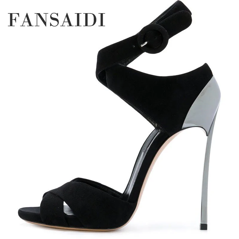 

FANSAIDI Summer Fashion Women's Shoes Peep Toe Clear Heels Buckle Elegant Narrow Band Stilettos Heels New Sandales 42 43