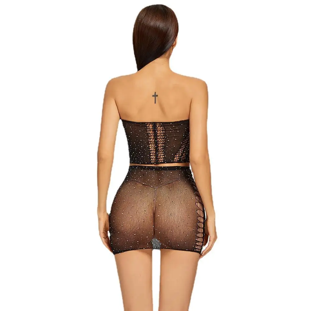 

2 Two Piece Strapless Top Black Shinny Bling Rhinestone Sexy Mini Dress Lingerie Set Women