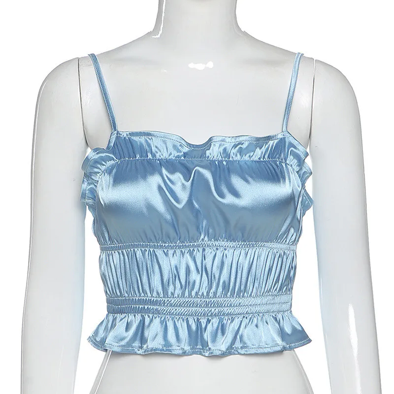 

Yuqung Womens Satin Silk Crop Top Sleeveless Ruffle Summer Short Tube Tank Top Tees 2020 Sexy Strapless Camisole Vest Camis Tops