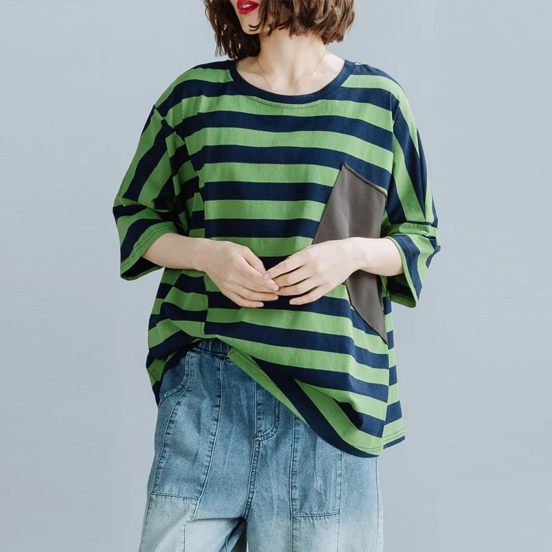 

Женские футболки в полоску Johnature, повседневные свободные топы с круглым вырезом, универсальные, в стиле пэчворк, для лета, 2021