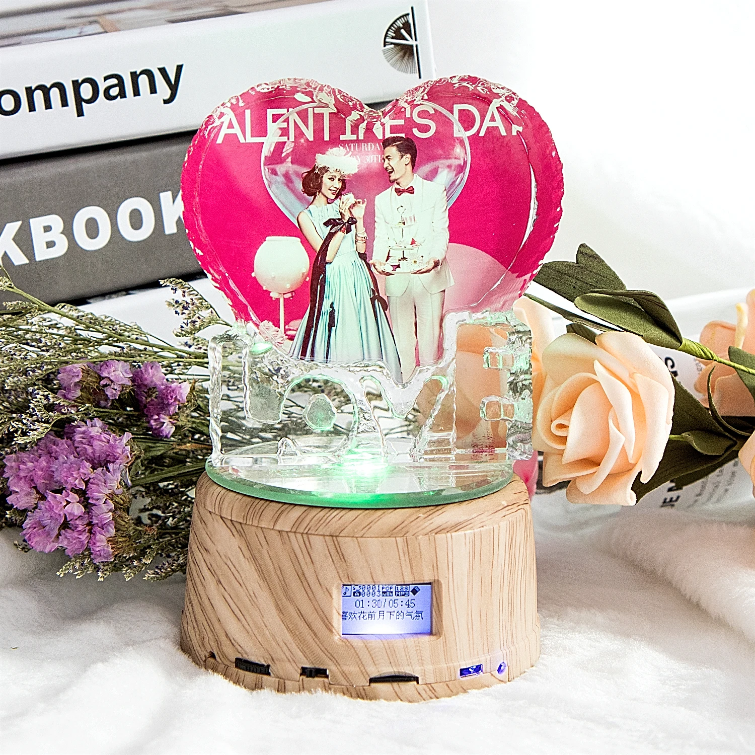 

Customized Crystal Laser Glass Photo Night Lamp MP3 Bluetooth Rotating Music Box Player Romantic Wedding Mother's Day Gift