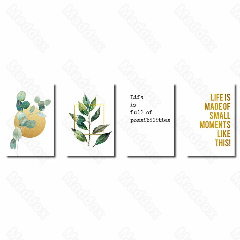 

Canvas Printing Ink Painting Green Plants Yellow Round Golden Words Black Words On White Background English Words Poster