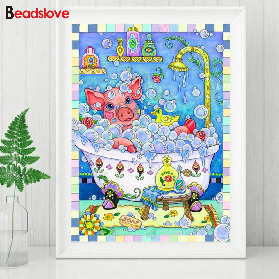 

Алмазная 5d Вышивка с изображением купающей свиньи, мультяшная картина с милым питомцем, алмазная вышивка крестиком, квадратная круглая Алм...