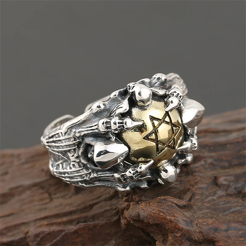 

Personality Retro Punk Six-Pointed Star Skull Claw Ring Men's Casual Party Fashion Geometric Hip Hop Skull Ring Jewelry