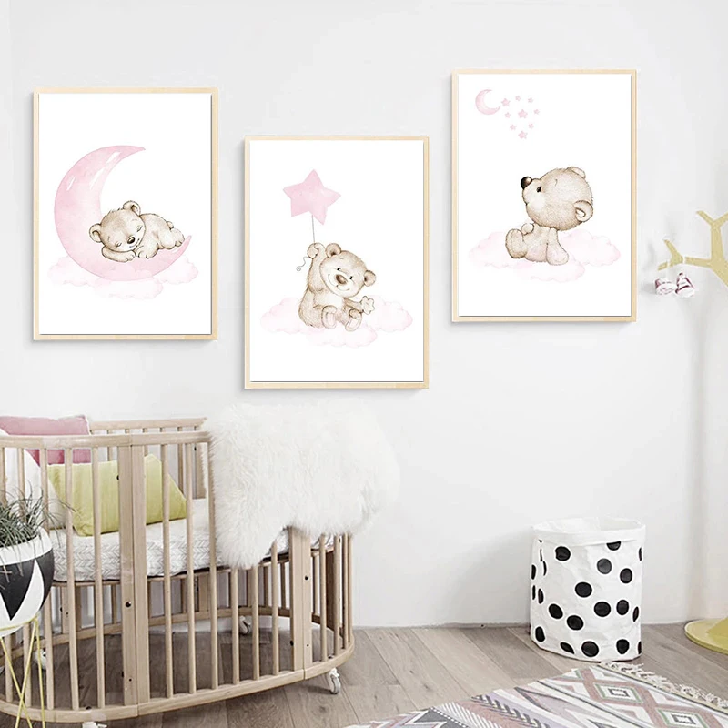 

Nordic kindergarten print cartoon animals pink bear moon stars children poster wall art canvas painting kid baby room decoration