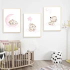 Настенный постер для детской комнаты в скандинавском стиле с изображением мультяшных животных розового медведя Луны звезд