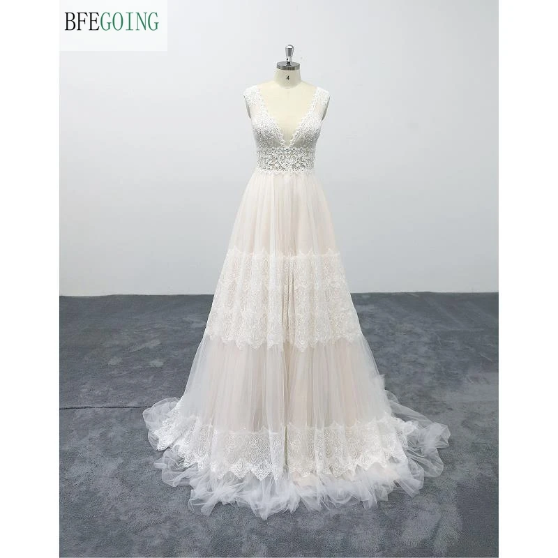 Кружевное Тюлевое платье цвета слоновой кости без рукавов с V образным вырезом