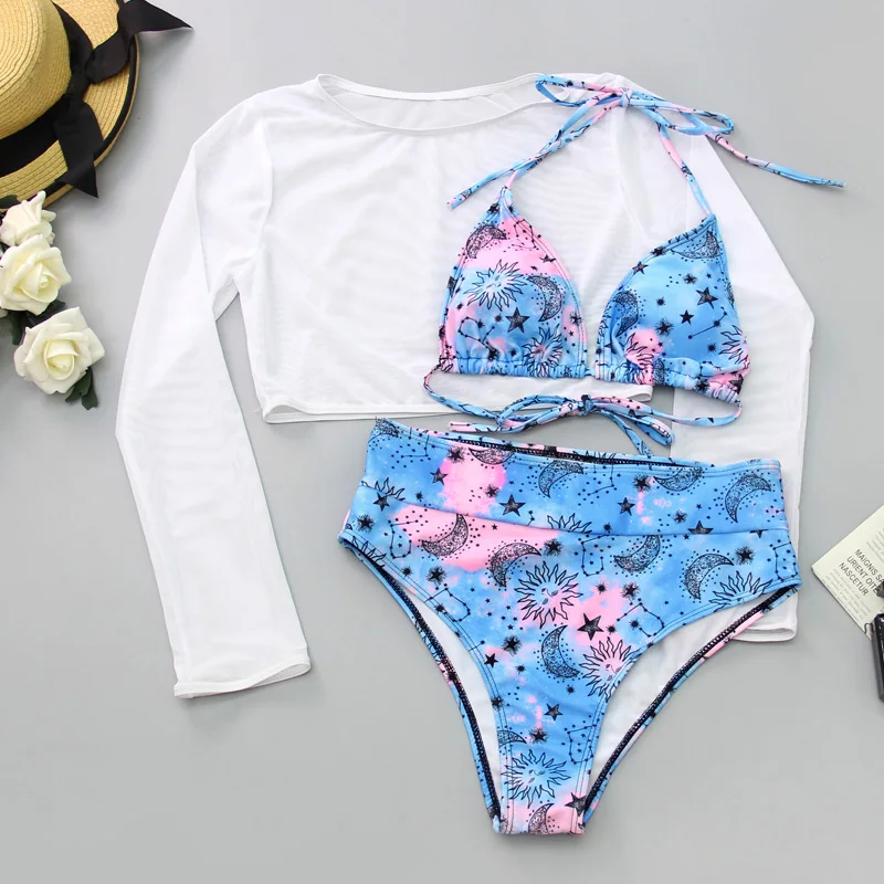 

2021 New Summer Women Triangle Three-Piece Suit Sexy Bikini Set Bandage Swimsuit Bathing Suit Soild Color Push Up Beachwear