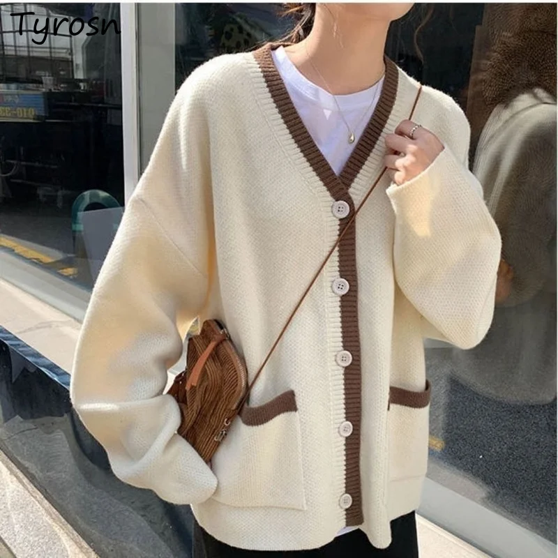 

Women Cardigans Patchwork Tender V-neck Knitwear Japan Style Vintage Long Sleeve Harajuku Loose All-match Daily Sweaters Warm