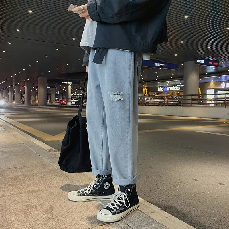 Men Blue Jeans Korean Style Mens Trousers Teens Bf Ulzzang Ankle-length Denim Solid Large Size 3XL Spring Chic Leisure All-match