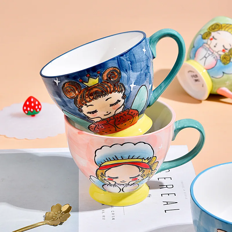 

Cute Girl Creative Hand Painted Mug Cartoon with Handle 450ml Cup Coffee Ceramic Mugs Children Cups Office Drinkware Gift