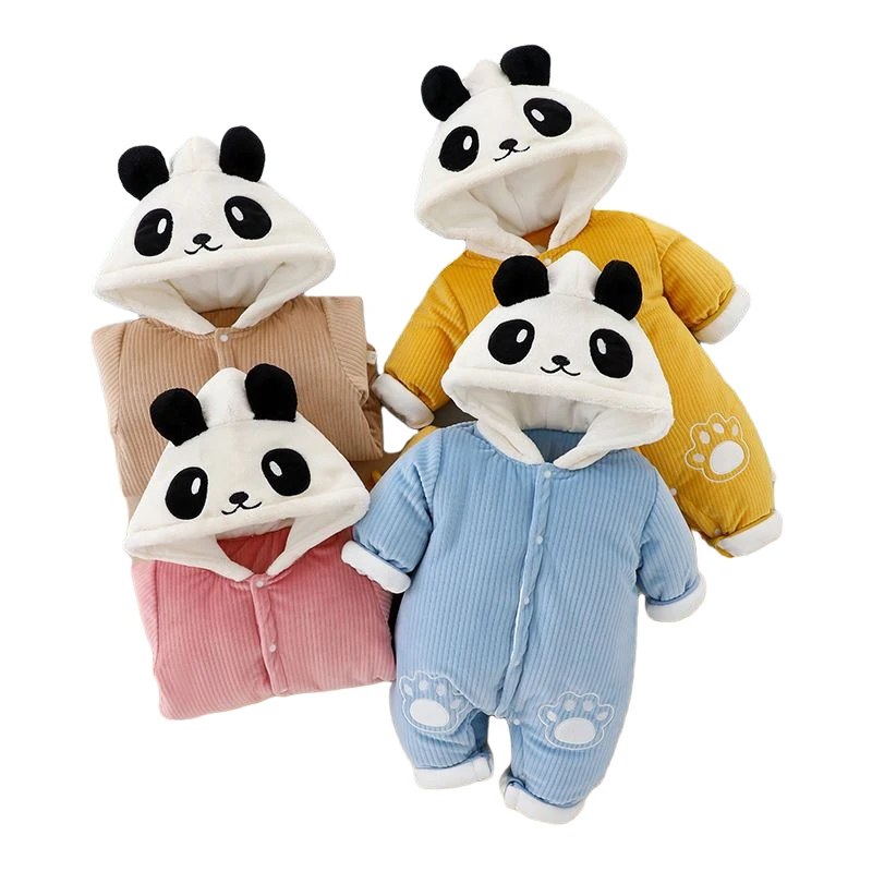 

Cute Panda Winter Hooded Baby Rompers Thick Cotton Warm Outfit Newborn Jumpsuits Toddler Boys Girls Infant Overalls Snowsuit