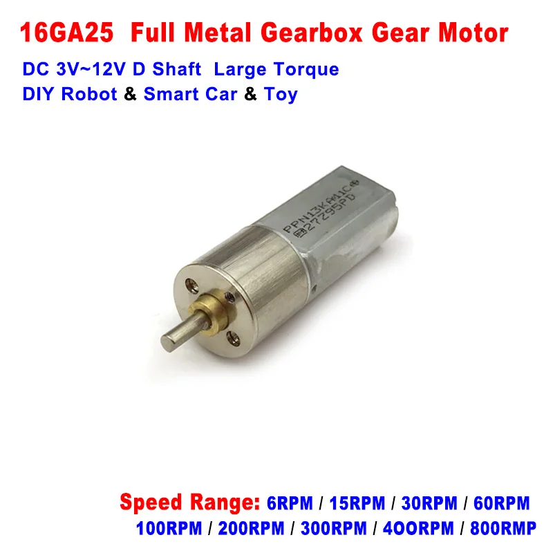 

16GA25 16MM All Metal Gearbox Gear Motor DC 3V-12V 6 15 30 60 100 200 300 400 800 1200RPM Slow Speed High Torque Motor