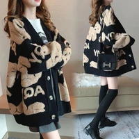 2021 winter knitted womens cardigan loose street knitted sweater coat lovely cartoon embroidery v neck cardigan womens jacket