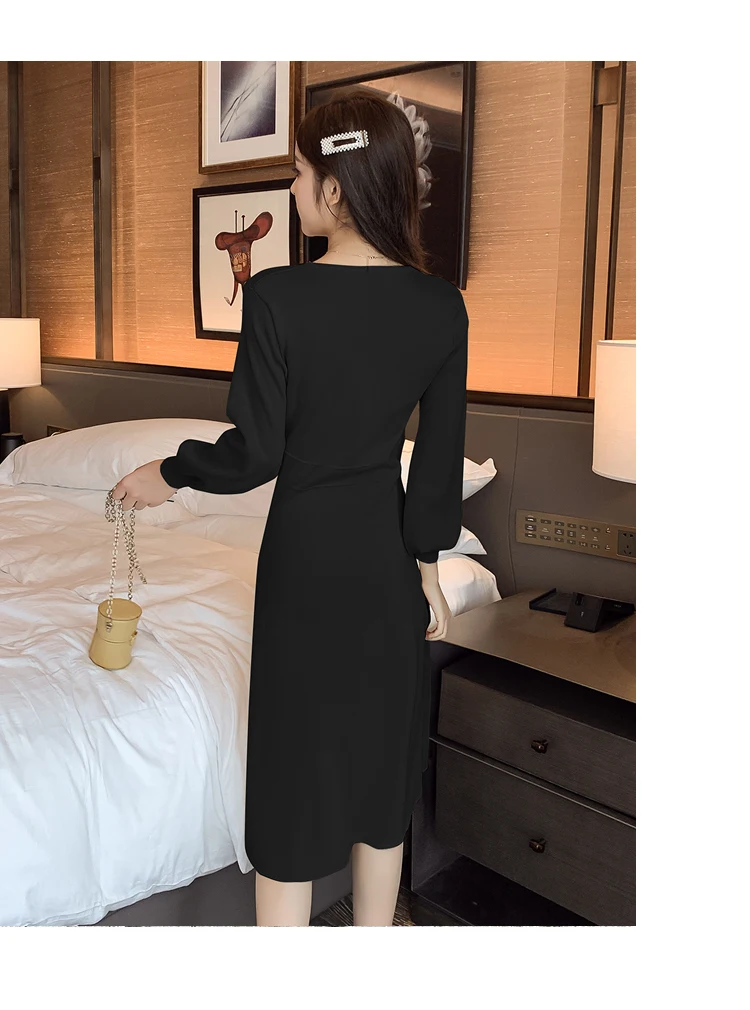 Женское трикотажное платье с V-образным вырезом и длинным рукавом тонкое