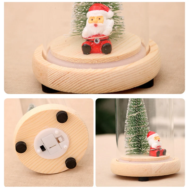 Christmas Tree In Glass Dome on a Wooden Base for Valentine's Gifts LED Rose Lamps Christmas Festive Ornaments New Year Souvenir