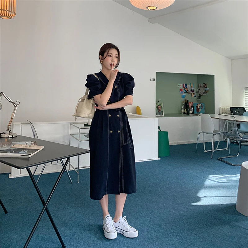 

Winter Elegant O-Neck Double Breasted French Retro Dress Women Solid Dress Short Sleeve Belted Mid-Length Dress Female A71