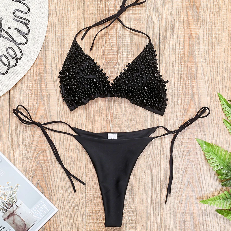 

Sexy Pearl Bikini Women 2021 Deep V Swimsuit Female Swimwear Thong Push Up Bikini Set Low Waist Bathing Suits Summer Beach Wear