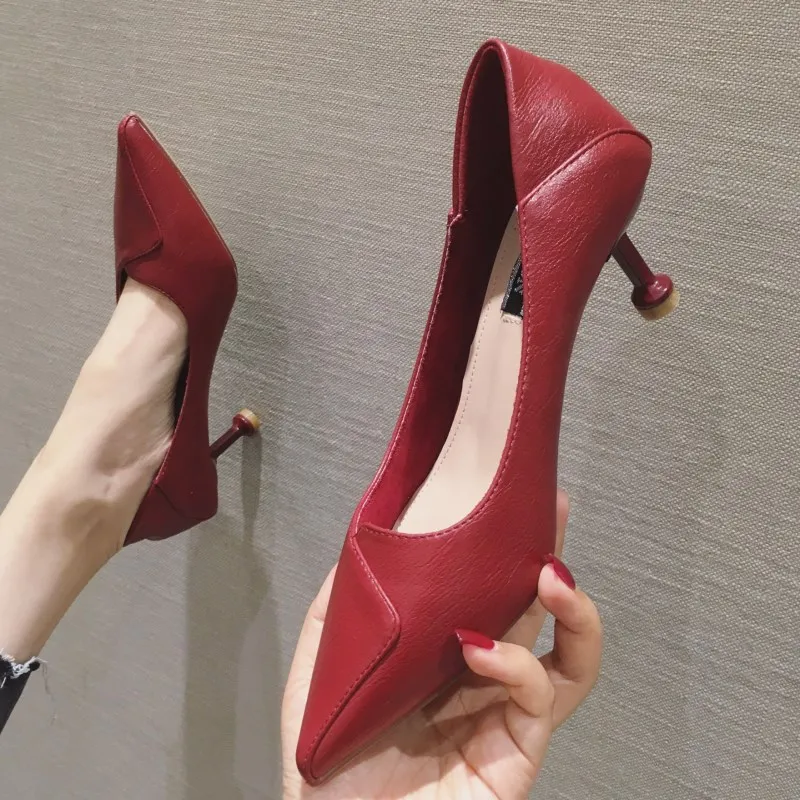 

SLHJC Women Leather Pumps Shoes Mid Kitten Heel Office Lady Shallow Mouth Pointy Toe Slip On Spring Autumn Heels Shoes