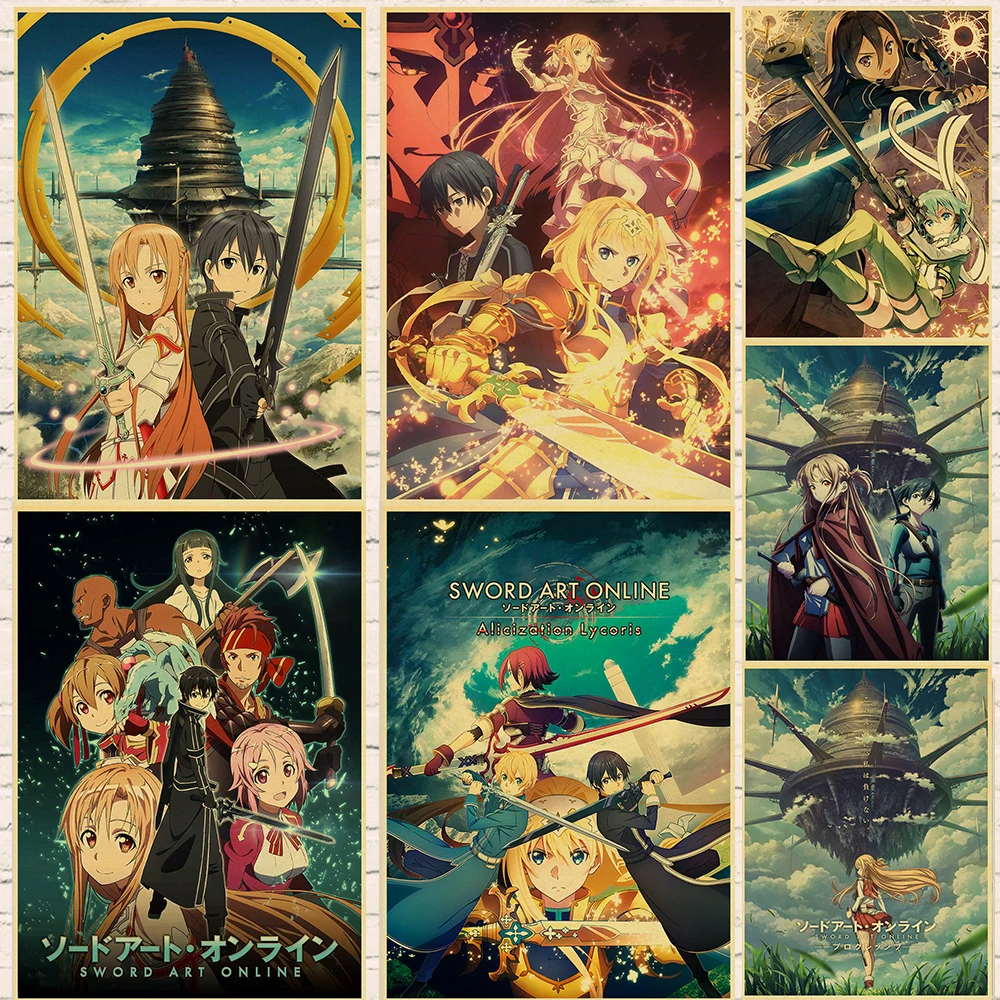 

Популярное японское аниме винтажный постер с мечом из крафт-бумаги, серия Online, мультяшная Настенная Наклейка для домашнего бара, художестве...