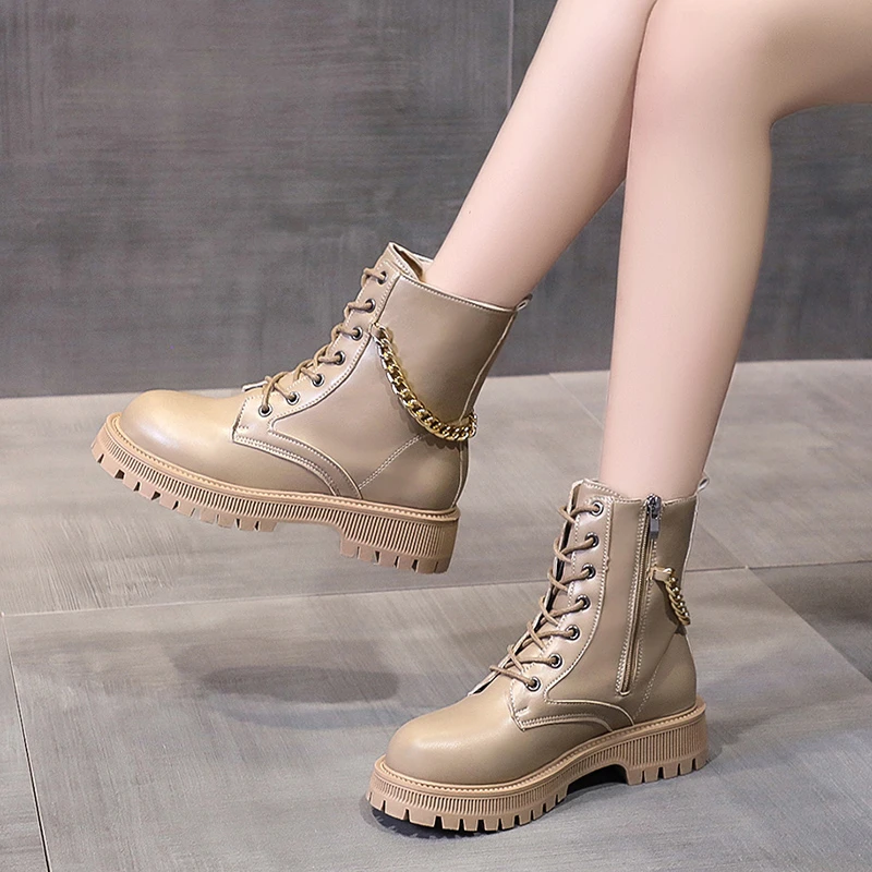 

White Black PU Leather Ankle Boots Women Autumn Winter Round Toe Lace Up Shoes Woman Fashion Motorcycle Platform Botas
