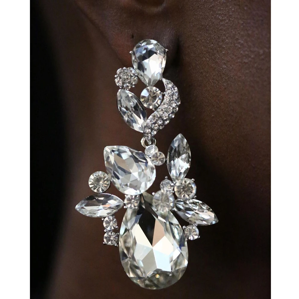 

Большие серьги-подвески с кристаллами AB в виде кластера С огранкой маркиза, цветов, циркония, висячие серьги с блестящими листьями, свадебны...