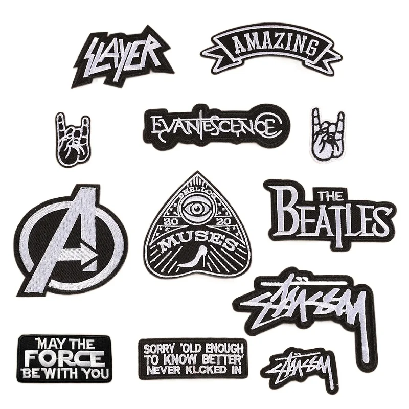 

100pcs/lot Fashion Embroidery Patch Letter Hand Music Clothing Decoration Black White Craft Diy Iron Heat Transfer Applique