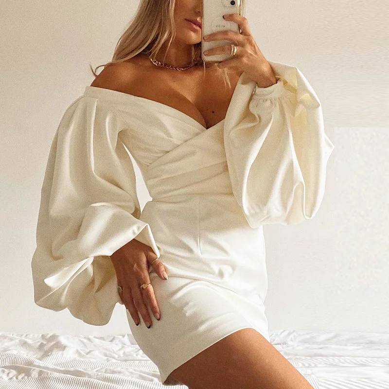 

White Satin Women Dress Elegant V Neck Lantern Sleeve Backless Mini Dresses Zipper Female Party Nightclub Bodycon Dress Vestidos