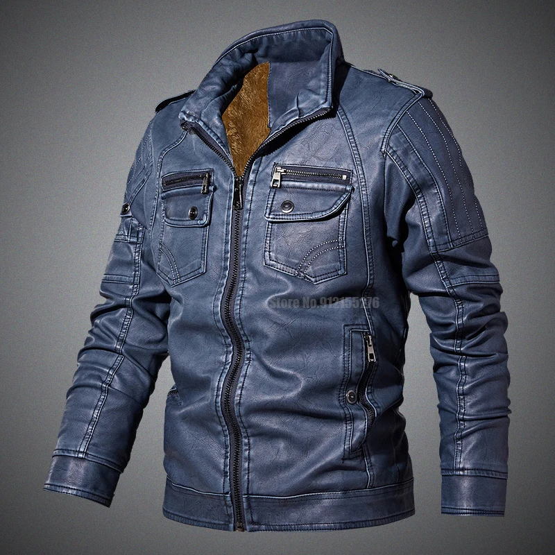 

Винтажная мужская кожаная куртка, флисовая Толстая теплая зимняя куртка из искусственной кожи, мужское мотоциклетное пальто из искусствен...