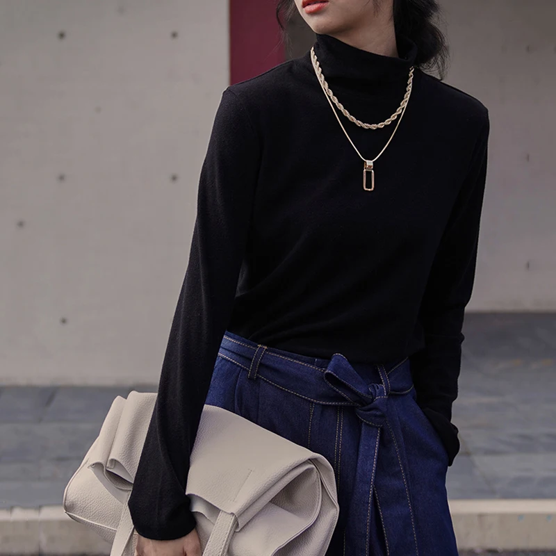 

DA Temperament Autumn Winter 2021 Women Brief Multiple Color T-shirt Turtleneck Long Sleeve Fashion Tide Punk Style Female Tee