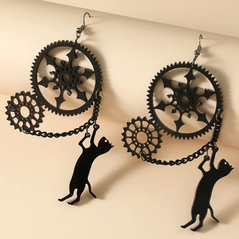 

2021 Jewelry Gifts Women Black Industrial Gear Cat Pendant Earrings