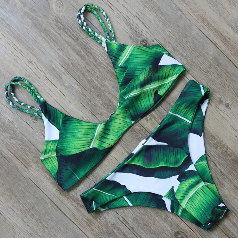 

1Set Sexy Leaf Printed Bikinis Set Women Floral Swimsuits Push Up Halter Party Bikini Set Bathing Suits Summer Beach Swimwear