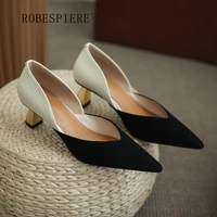 robespiere 2021new leather simple womens shoes color matching fashion single shoes horseshoe pointed high heels a200