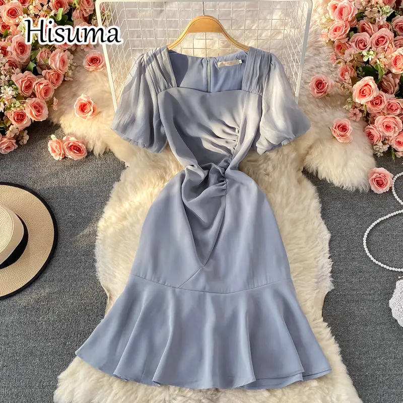 

Женское шифоновое платье-Русалка с квадратным воротником, шифоновое платье с пышными рукавами и оборками, праздвечерние чное платье в стил...