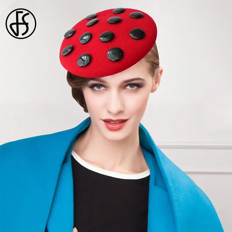 

FS Black Pillbox Hats For Women Fascinator Vintage Wool Hat Ladies Church Dress Derby Hats Red White Fedora
