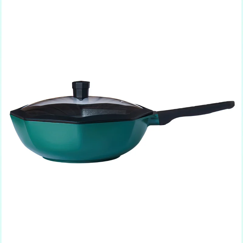 

30cm Single Handle Non-Stick Pan Green Color Creative 8-Corner Wok Non-Stick Pan Kitchen Household Open Flame Induction Cooking