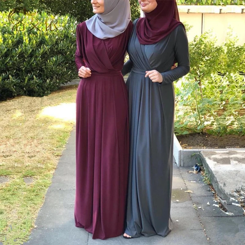 

Women Muslim Long Sleeve Abaya Maxi Dress Cross Ruched V-Neck Belted High Waist Pleated Robe Ramadan Dubai Hijab Kaftan Islamic