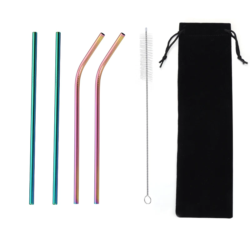 

4pcs Reusable Metal Drinking Straws Stainless Steel Straw Bent Straight Smoothies Straw with Cleaning Brush Bar Party Accessory