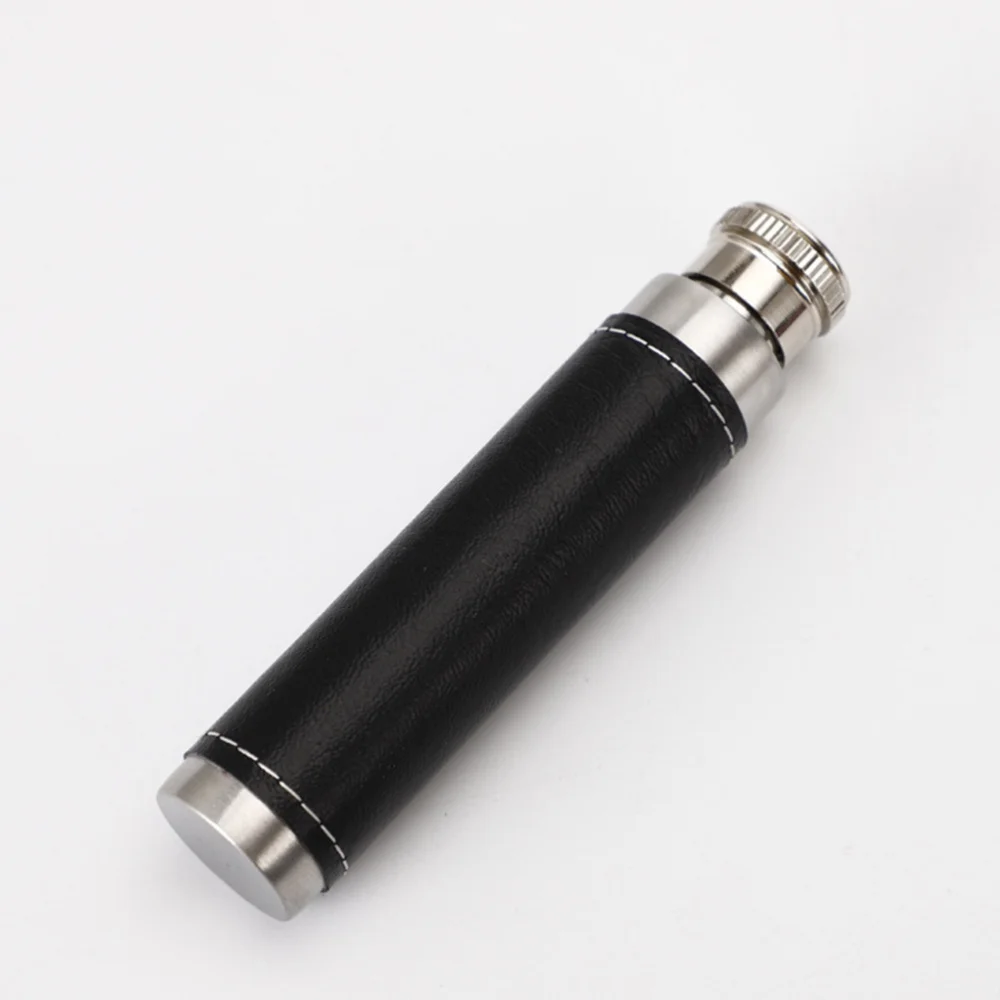 

1pc 1oz Stainless Steel Portable Tube Leather Cover Cigar Tube Shape Round Base for Outdoor Use (Black + Silver)