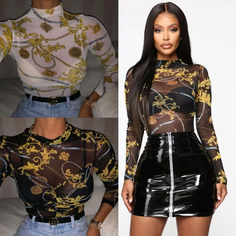 

Women Autumn And Winter Bottoming Shirt Crop Top Mesh See-through Shirt Long Sleeve Blouse Tops Tee