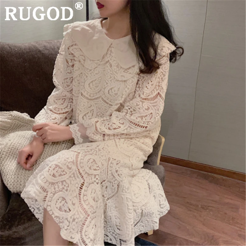 RUGOD элегантное однотонное женское платье с вырезом модное кружевное воротником в