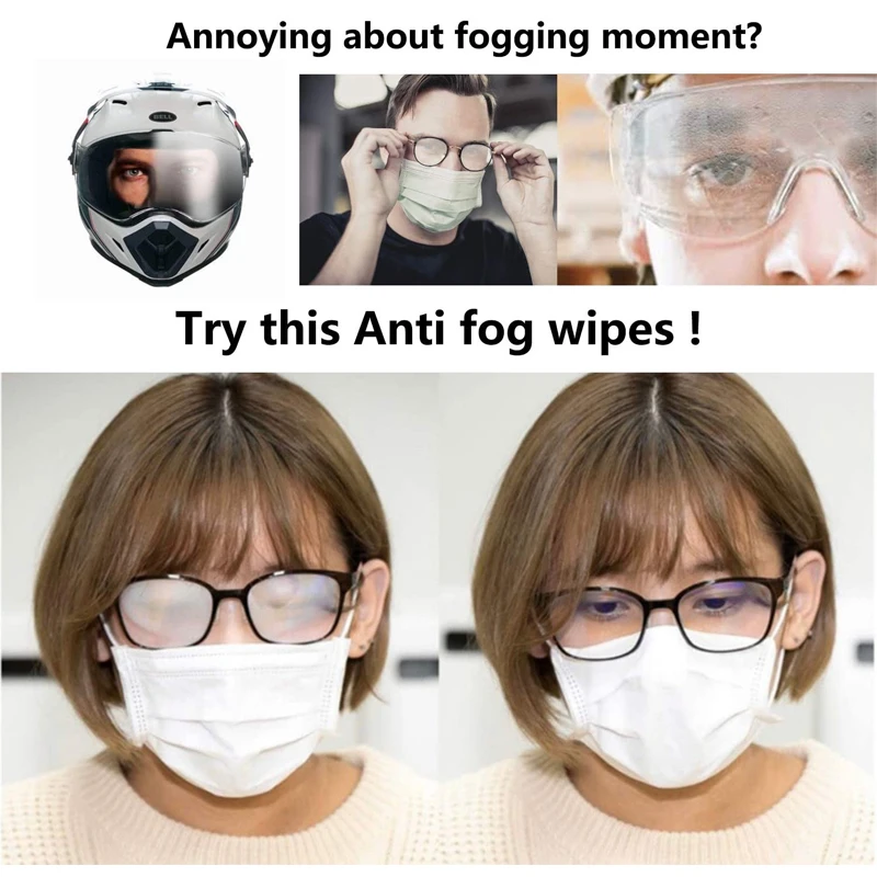 

100Pcs Reusable Anti-Fog Wipes Glasses Pre-moistened Antifog Lens Cloth Defogger Eyeglass Wipe Prevent Fogging for Glasses