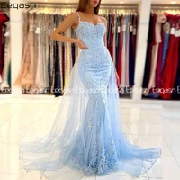 elegant blue mermaid lace evening dress 2021 spaghetti strap prom gown detachable train 2 in 1 long formal party dress