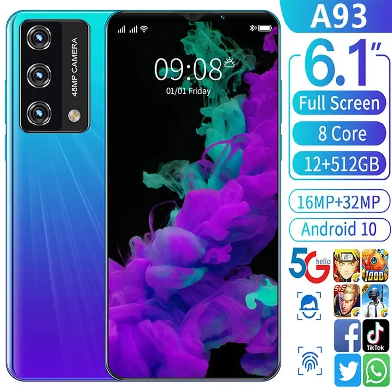 

A93 6.1 Inch Cheap Smartphone 2021 New Global 6+128gb Fingerprint Unlock 5000mah 16 32mp 4g 5g Andriod Phone 8 Core Mtk6889