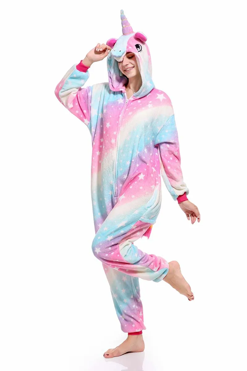 Женская пижама комбинезон с единорогом зимняя Фланелевая Пижама Kigurumi Nightie синяя